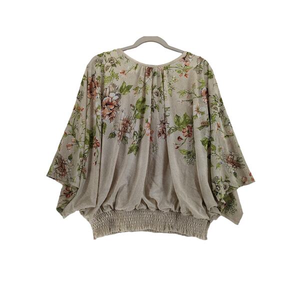 Susan Graver Floral Blouse S Cream Loose Fit Batwing Top Crew Elastic Hem Office - Picture 3 of 8